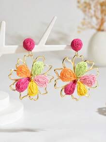 OOQ 1 pereche de cercei cu flori din ratan în stil boem, lucrați manual, cercei florali cu design unic de plajă, potriviti pentru femei zilnic, vacanță, petrecere, ideal pentru ziua îndrăgostiților, nunta, ziua mamei, festivalul de muzică