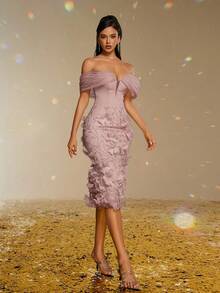 Smilprince 优雅粉色露肩中长连衣裙，3D 花卉贴花，串珠细节，正式鸡尾酒会礼服，女士晚礼服，中长派对礼服，女士正式和晚礼服 - 藕粉色 - 查看 4