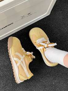 Solid Color Contrast Lace-Up Thick Bottom Casual Platform Trainers For Fashion Workout - Yellow - View 2