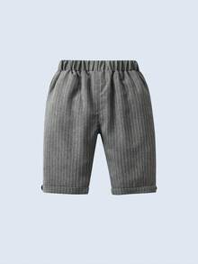 BOARNSEORL 2pcs Young Boys Gentleman Outfit, Gray Striped Short Sleeve Shirt With Bowknot And Shorts, Stylish Casual Suitable For Travel, Wedding, Party, Daily Wear - Grey - View 9