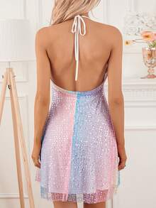 Vestido corto informal de verano para mujer con lentejuelas, escote en V profundo, sin mangas, con lazo, cuello halter, espalda descubierta, corte en A, ideal para fiestas. - Color 2 - Ver 9