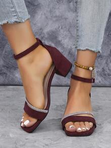 Women's Square Toe Rhinestone Strap High Heel Sandals, Chunky Heels, Suitable For Wedding, Party, Office, Summer - Burgundy - View 6