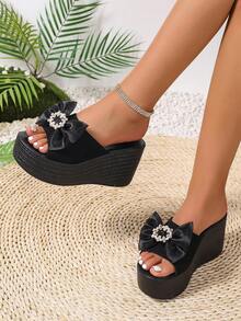 女士黑色蝴蝶水钻装饰带露趾拖鞋，居家、街头、派对、休闲穿着舒适，百搭