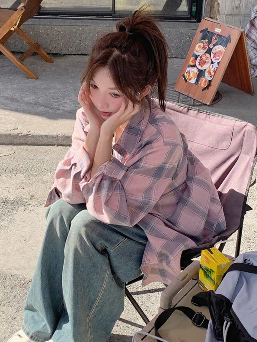 格子随意条纹翻领宽松长袖春夏中长款休闲复古女士衬衫 - 粉色 - 查看 1