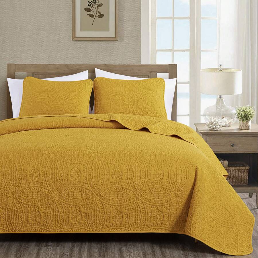 Austin Oversized Bedspread Set 3-Piece Ultrasonic Quilted Soft Lightweight Microfiber Coverlet For All Season - 芥末黃 - 查看 1