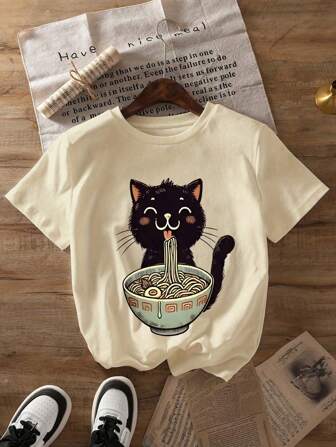 เสื้อยืดแขนสั้นคอกลมลายแมวและราเมนการ์ตูนสำหรับเด็กสาววัยหัวเลี้ยวเหมาะสำหรับฤดูใบไม้ผลิและฤดูร้อน