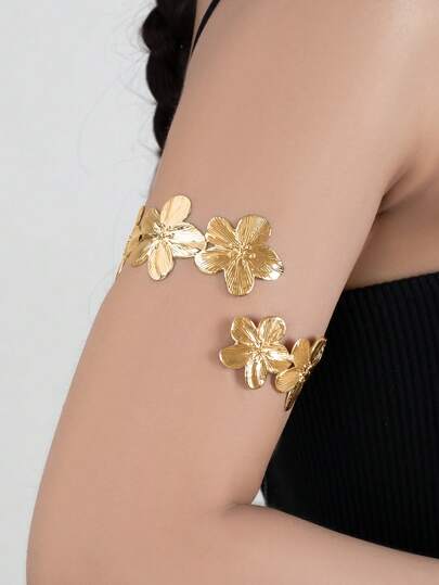 1pc Minimalist Geometric Floral Alloy Arm Cuff, Fashionable Floral Arm Bracelet, Suitable For Women's Daily Wear