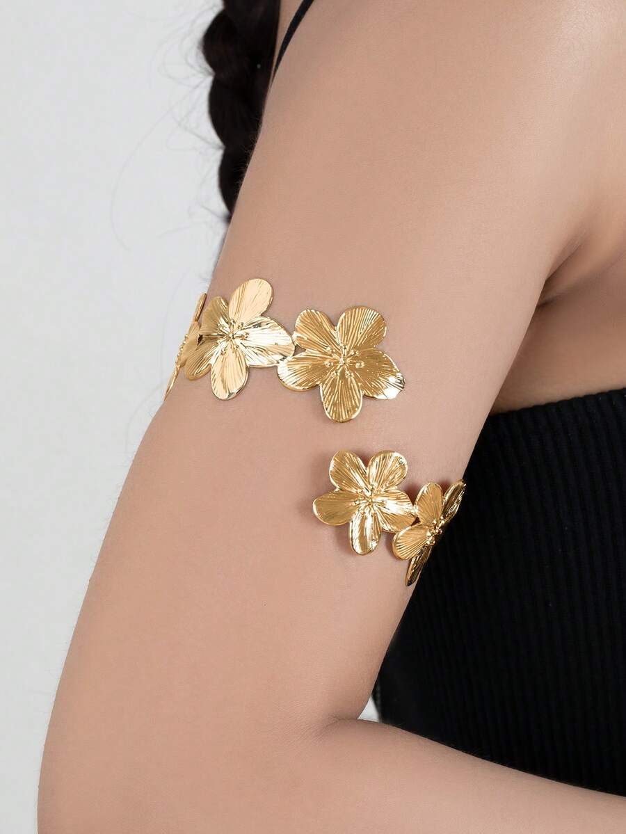 1pc Minimalist Geometric Floral Alloy Arm Cuff, Fashionable Floral Arm Bracelet, Suitable For Women's Daily Wear - Petal Armband - View 1