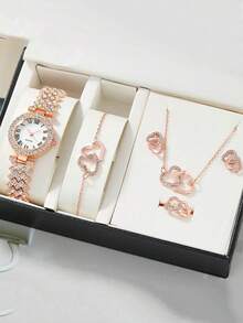 (Không hộp) Bộ đồng hồ thạch anh mặt số La Mã thời trang đơn giản dành cho thanh thiếu niên, dây đeo bằng thép đính kim cương + vòng tay hình trái tim, thích hợp cho sinh nhật, tốt nghiệp, khuyến mãi cuối năm, 6 món/bộ - trắng - Xem 4