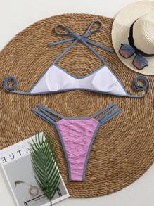 Patchwork Contrasting Color Trim Bowknot Bikini Set