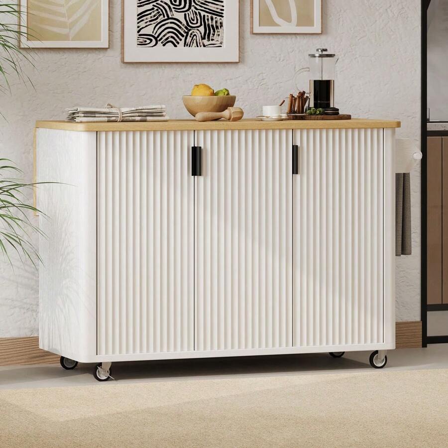 MERAX 51" Fluted Kitchen Island With Drop Leaf, Farmhouse Accent Kitchen Island On Wheels With Internal Storage Rack, Rolling Kitchen Cart With Towel Rack For Kitchen, Dining Room, White Ash - 白色 - 查看 1