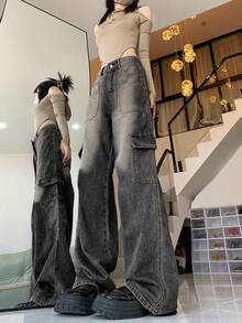 Women's Utility Pocket Wide Leg Loose Casual Versatile Jeans - Light Grey - View 3