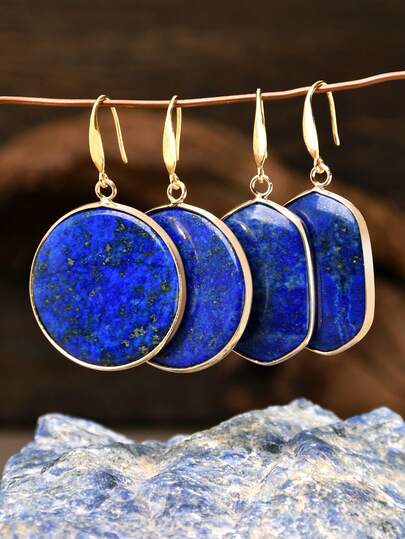 Natural Lapis Lazuli Earrings Round Teardrop-Shaped Pendant Retro And Elegant Earrings Holiday And Mother's Day Gifts