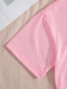 Women's Letter & Fruit Print Loose Fit Round Neck Drop Shoulder Casual T-Shirt - Pink - View 5
