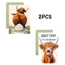 1 pezzo/2 pezzi Biglietti di auguri divertenti per il compleanno con mucca delle Highlands - Design ilare "Holy Cow!", ottimo regalo per gli amanti degli animali della fattoria, lui/lei, amici e familiari - cartoncino di alta qualità, piacevole al tatto, regalo per il padre/papà
