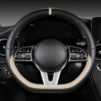 1pc 38cm/14.5-15in Black Napa Leather Gradient Color Change Circular/D-Shaped Car Steering Wheel Cover