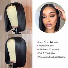 无胶假发 人发直发鲍勃假发 巴西 4x4 蕾丝前部 100% 可戴假发 短发人发假发特卖 黑色假发