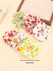 6pcs Girls' Fruit Pattern Scrunchies (Random Design) - Cherry, Strawberry, Lemon Printed Scrunchies, Fashion Hair Accessories For Daily Use - 6 - View 4