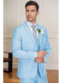 3 Piece Men's Suits Slim Fit Mens Suit Tux Blazer Vest Pants Wedding Suits Man Tuxedo For Men Long Sleeves, Machine Washable, Spring/Fall - 淺藍色 - 查看 2