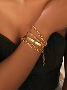 4PCS/Set Stylish Simple Gold Chunky Chain Bracelets, European And American Cross-Border Fashion Minimalist Summer Accessory - Gold Four-piece Set - View 1