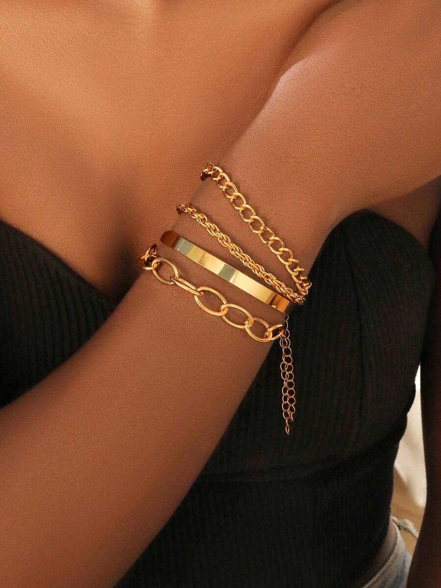 4PCS/Set Stylish Simple Gold Chunky Chain Bracelets, European And American Cross-Border Fashion Minimalist Summer Accessory - Gold Four-piece Set - View 1