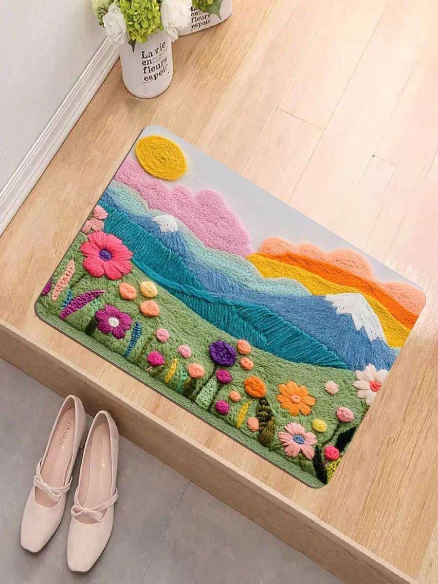 1pc Faux Wool Floral & Landscape Print Area Rug, Soft & Comfortable Machine Washable, Suitable For Bedside, Entryway, Kitchen, Bathroom And More Scenarios. (Slight Difference In Size Between Small And Large, But No Impact On Aesthetics)