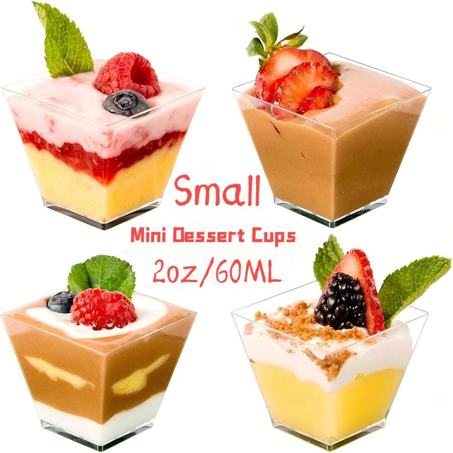 10/25/50//100/200Pcs,2oz/60ML Mini Plastic Dessert Cups With Spoons Small Square Glitter Clear Banana Pudding Cups Serving Tasting Bowls For Appetizer Birthday Wedding Party Gold And Transparent - Transparent - View 1