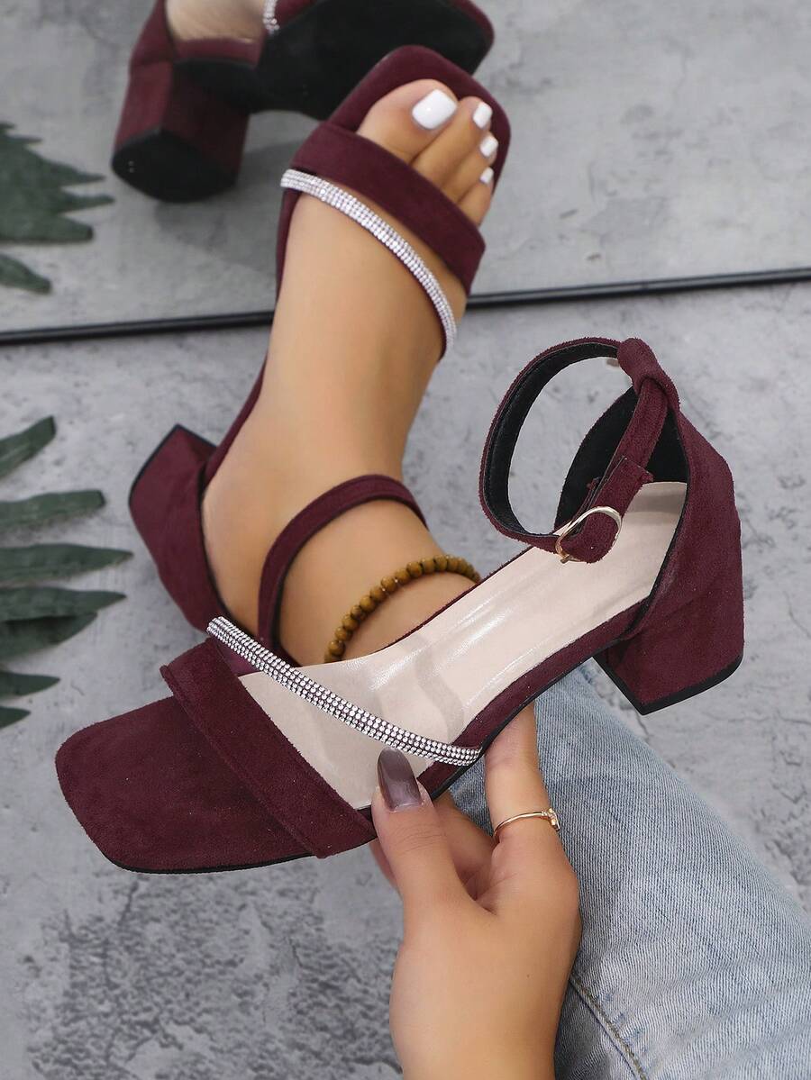 Women's Square Toe Rhinestone Strap High Heel Sandals, Chunky Heels, Suitable For Wedding, Party, Office, Summer