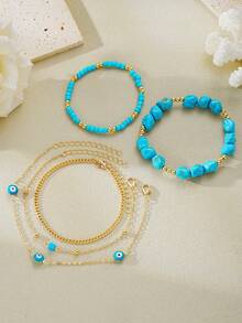5pcs/Set Turquoise Stone Beads & Beaded Anklet With Evil Eye Pendant, Bohemian Beach Vacation Style, Suitable For Daily Wear - Style 1 - View 4