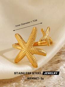 1pc Stainless Steel Fashion Ocean Element Spiral Shell & Starfish Ring, Suitable For Women Beach Holiday Travel Wear