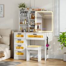 HNEBC RGB Makeup Vanity Desk With Wireless Charging Station,7 Dynamic And 7 Static Dimmable Vanity Table With Glass Desktop,Vanity Mirror With Lights Desk&Chair,8 Drawers,Stool - White - View 3