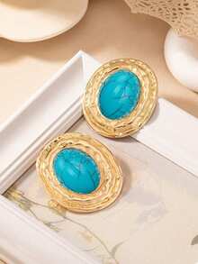 1 Pair Retro Geometric Textured Oval Faux Turquoise Shaped Elegant Elegant Ladies Earrings - Blue - View 4