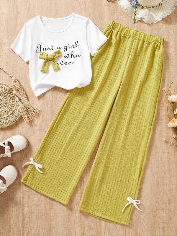 Set de 2 piezas de niña: Blusa de manga corta con estampado de lazo y pantalones de pierna ancha, informal para verano