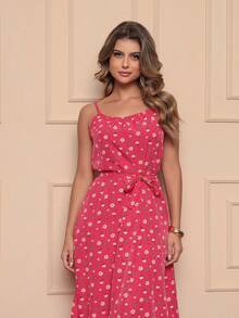 Women's Long Strap Dress | Crepe With Elastec L Flower I Off The Shoulder. - 玫紅色 - 查看 4