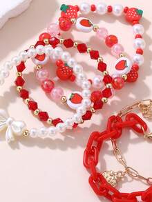 6pcs/Set Girls Strawberry, Pearl, Butterfly, Heart Beaded Bracelet Set - Multicolor - View 9