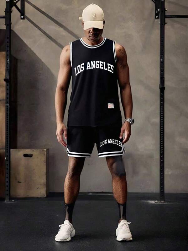(Two Pieces Set) Men's Set Summer Style Skin Friendly Fashionable Versatile Comfortable Sports Basketball Suit Personalized Printed Sleeveless Tank Top Shorts