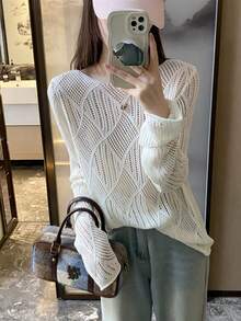 Suéter casual de cuello redondo de unicolor con recortes para mujer - Blanco - Ver 2