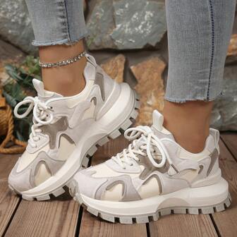 Women's Thick Sole Color Block Chunky Sneakers, 2025 All Season New Arrivals, Dual-Color Lace-Up, Waist-Slimming, Versatile Soft Bottom Comfortable Fashionable Casual Shoes, Suitable For New Year, Christmas, Halloween