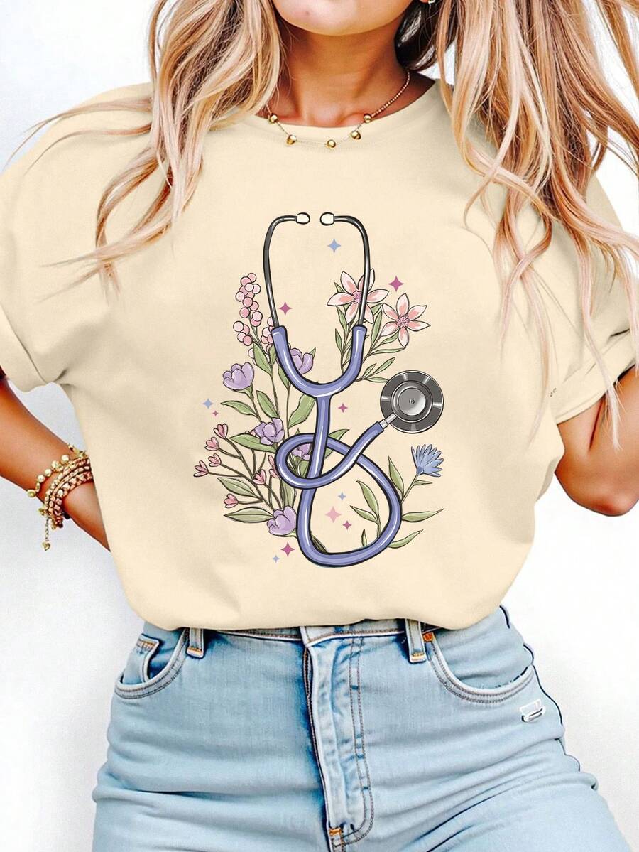 Camiseta de verano informal de cuello redondo con estampado de estetoscopio floral, adecuada para enfermeras y médicos