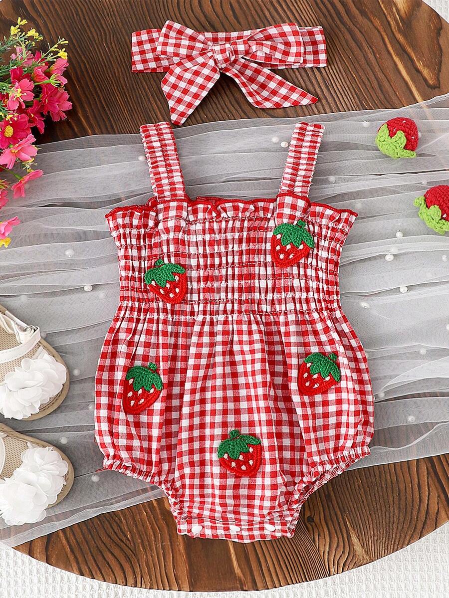 1件可爱女婴/女童轻薄吊带连体衣，夏季 - 紅色 - 查看 1