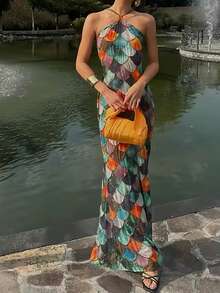 Spaghetti Strap Maxi Dress For Women Scale Print Bohemian Sleeveless Halter Neck Party Long Dresses Y2K Summer Beach Sundress - 彩色 - 查看 3