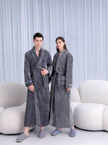 1pc Autumn/Winter Extended Thick Flannel Bathrobe, Elegant Adult Flannel Bathrobe, Summer,Holiday Home Bathroom Decor