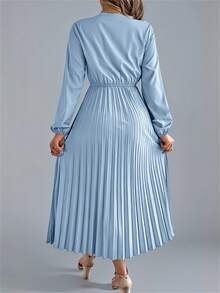 Autumn Elegant V-Neck Lace Trim Dress Wrap Waist Flowy Midi With Pleated Skirt  Long Sleeves Solid Color Light Blue Wedding Dress - 淺藍色 - 查看 2