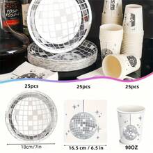 75pcs Silver Disco Party Disposable Tableware Set, Includes 7-Inch Plates, Cups, Napkins With Silver Disco Ball Pattern, Suitable For Disco Parties, Theme Parties, Birthdays, Events, Outdoor Gatherings, And Dining