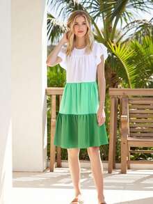 Women Contrast Color Midi Dress Loose Ruffle Sleeve Round Neck Tiered Ruffle Dress Casual Summer Clothes - màu xanh lá - Xem 10