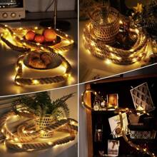 1 Pack 7m/22.97ft 50LED Solar Natural Jute Rope String Lights Vintage Fairy Lights With 8 Lighting Modes For Home Garden Outdoor Landscape Porch Courtyard Camping Wedding Birthday Cafe Bar Decor