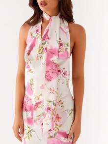 Women Summer Sleeveless Dress Floral Print Cowl Neck Backless Halter Neck Dress And Scarf For Beach Club Streetwear - Pink - View 6