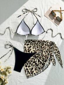 3pcs Leopard Print Cute Casual Backless Criss-Cross Strap Massage Cup Sheer Skirt Beach Date Holiday Summer Massage Cup Beach Dress Leopard Print - Multicolor - View 2