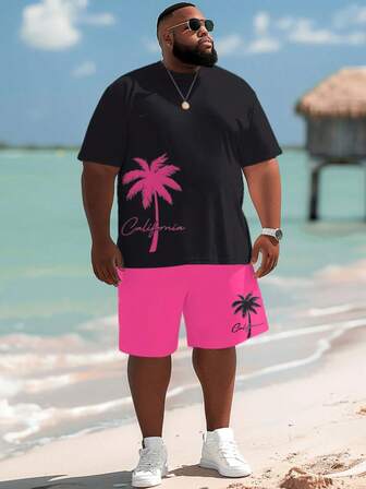 Men's Big And Tall Tropical Letter T-Shirt And Shorts Suit