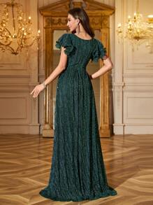 Women V-Neck Ruffle Sleeve Waist Shiny Elegant Party Evening Dress
